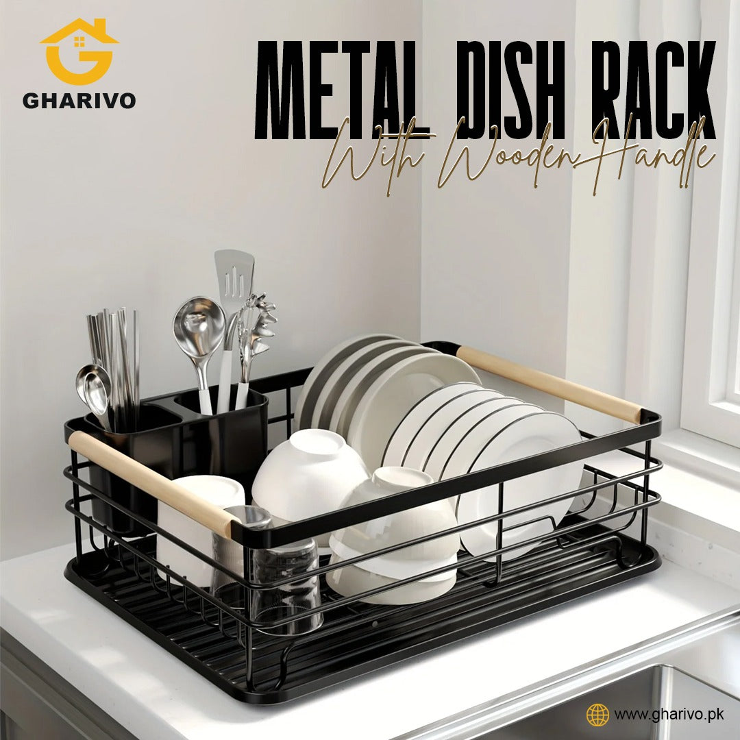 Metal Dish Rack With Wooden Handle