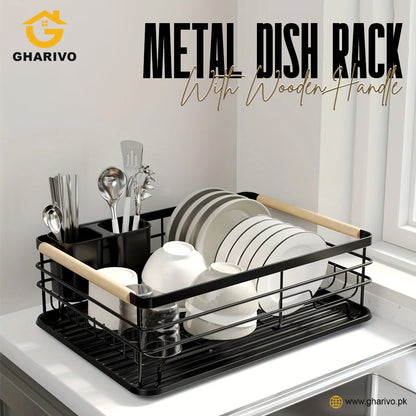 Metal Dish Rack With Wooden Handle